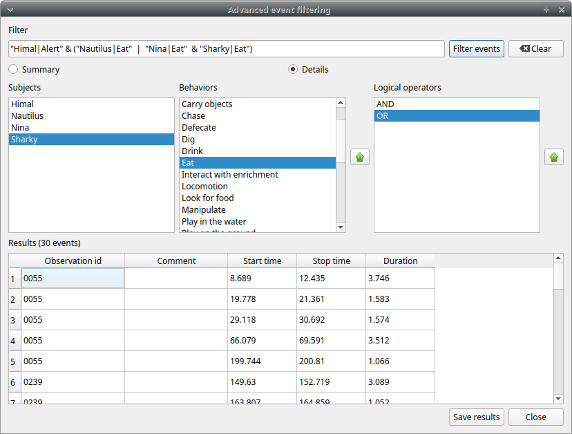 Advanced event filter with parenthesis