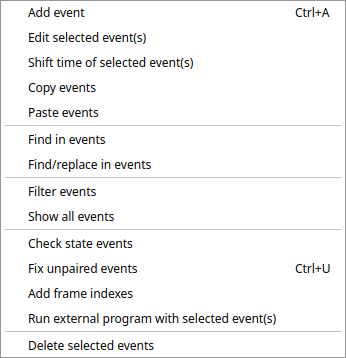 Events table menu