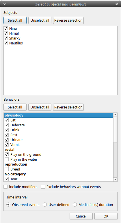 Select subject and behaviors for time budget analysis