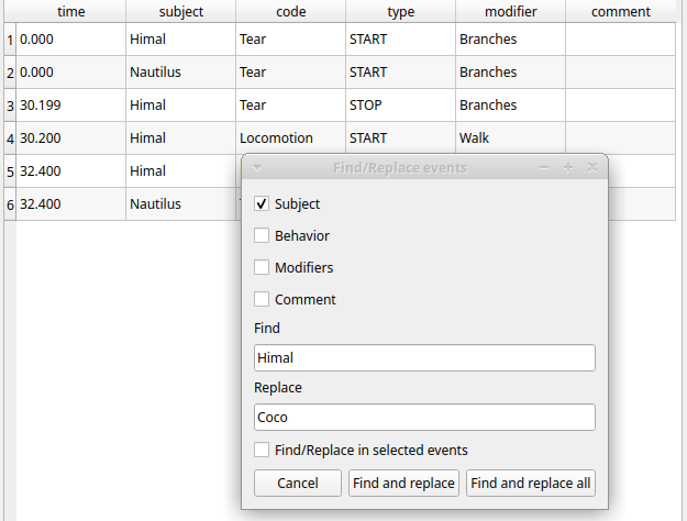 Find / replace in events